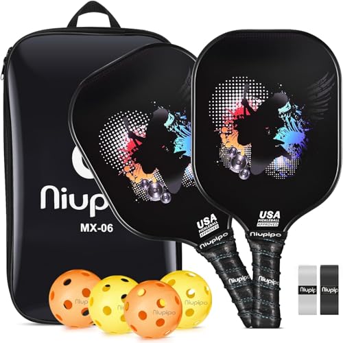 niupipo Pickleball Paddles Set of 2/4/1, USAPA Approved Carbon Fiber & Fiberglass Hybrid, Easy Power, Polypropylene Honeycomb Core, Cushioned 4.72" Grip, Bag/Cover, Pickleball Paddle Set for Men Women - color: black