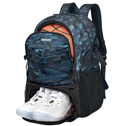 DAFISKY Basketball Backpack, Basketball Bag with Ball Holder Shoes Compartment, Sports Equipment Bag for Soccer Ball, Volleyball - color: CamoBlue