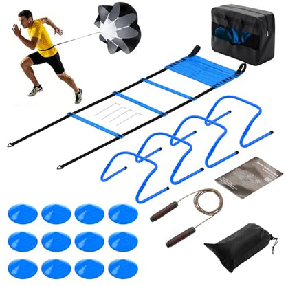 OLIXIS Agility Speed Training Equipment, 20 ft Speed Ladder, 12 Soccer Cones, 4 Agility Hurdles, Jump Rope, Resistance Parachute with Carry Bag, Training Equipment Set for Kids, Youth, Adults, Bule