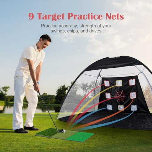Golf Net, 10 x 7ft Backyard Practice net, Golf Hitting,Driving Net with mat for Indoor/Outdoor - style: Nine Targets