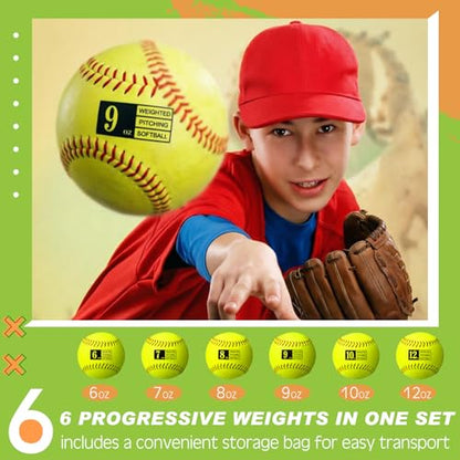 Lewtemi 6 Pack 12 Inch Weighted Training Softballs Bulk, 6-12 oz Weighted Training Balls for Pitching and Hitting, Improve Velocity Arm Strength Softball Practice Equipment with Drawstring Bag