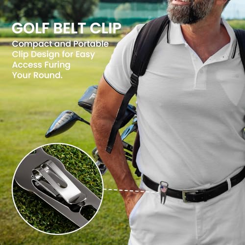 FINGER TEN Golf Divot Repair Tool and Ball Marker 7-in-1 Value 2 Pack, Premium Leather Grip Tools with Belt Clip, Club Tee, Club Groove Cleaner, Bottle Opener, Putting Alignment Guide - color: Glossy Black