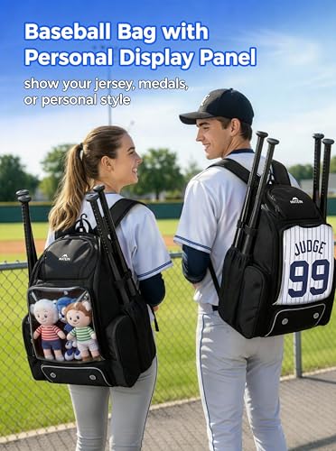 MATEIN PRO Youth Baseball Backpack for 4 Bats with Collapsible Shoes Compartment, Water-Resistant Large Boys Baseball Bat Bag with Clear Display Pocket & Insulated Beverage Pocket Holds Glove, Helmet - color: Black