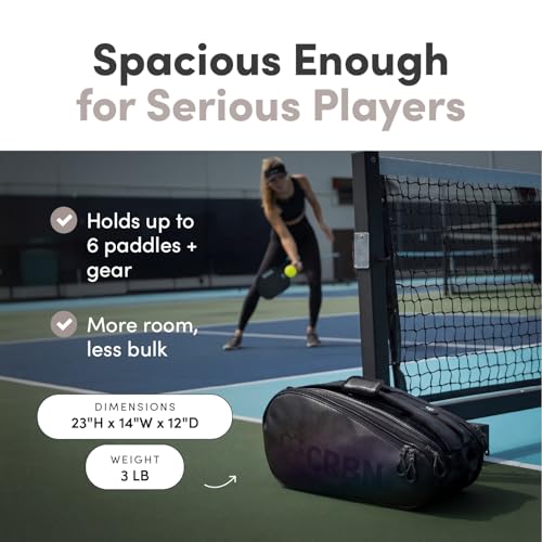 CRBN Pickleball - Pro Team Tour Pickleball Paddle Bag with Built-In Zip-Off Sling Bag - Padded Side Pockets for 6 Paddles, Shoes & More - color: Black/Pearl