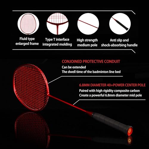 Badminton Rackets,Badminton Racket Set,Both Offensive and Defensive,Composite Carbon Ultra Light 82g Professional Training Racket,Including 2 Rackets,2 Shuttlecocks,and 1 Bag - color: 001B-red