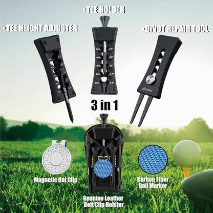 SANDIAN, All-in-1 Value Pak, Adjustable Golf Tee Height Setter with Divot Tool, Genuine Carbon Fiber Made Pitchfork, Super Lightweight, T800 Ball Marker, Hat Clip, Tees, Leather Holster, Zipper Case - color: Matte Black