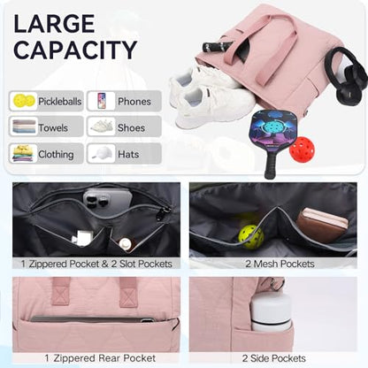 VASCHY Pickleball Tote Bags For Women With Fence Hook, Quilted Puffer Pickleball Paddle Holder Case Gym/Sports Tote - color: Pink
