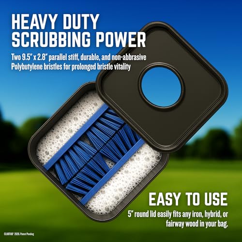 Golf Club Cleaner. 4-Gallon Tub with Dual 9.5" Stiff Polybutylene Scrubbing Brushes, 5-Inch Lid Hole, Hose Connector and Drain with Metal Handle
