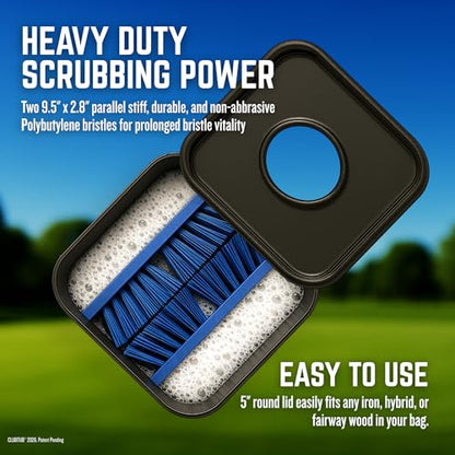 Golf Club Cleaner. 4-Gallon Tub with Dual 9.5" Stiff Polybutylene Scrubbing Brushes, 5-Inch Lid Hole, Hose Connector and Drain with Metal Handle