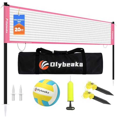 20FT Outdoor Volleyball Net Set System for Backyard Beach with Anti-Sagging Net, Iron Adjustable Height Poles, Soft PU Volleyball and Pump, Carry Bag - Instant Set Up & Durable - color: Pink