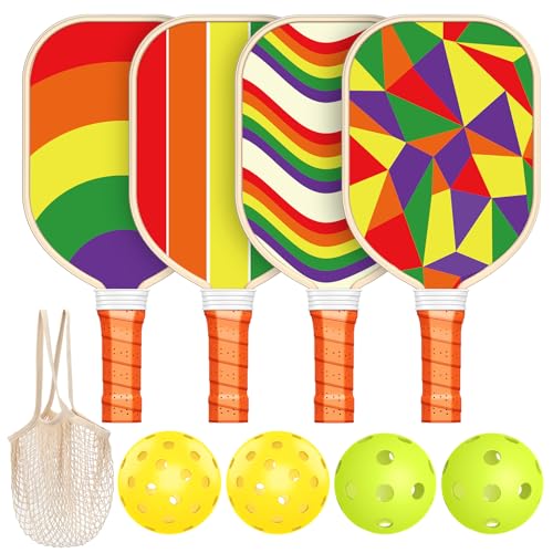 Pickleball Paddles Set of 4, USAPA Approved Premium Wood Pickleball Set with 4 Pickleball Balls and 1 Carry Bag Pickleball Rackets with Ergonomic Cushion Grip for Women Youth