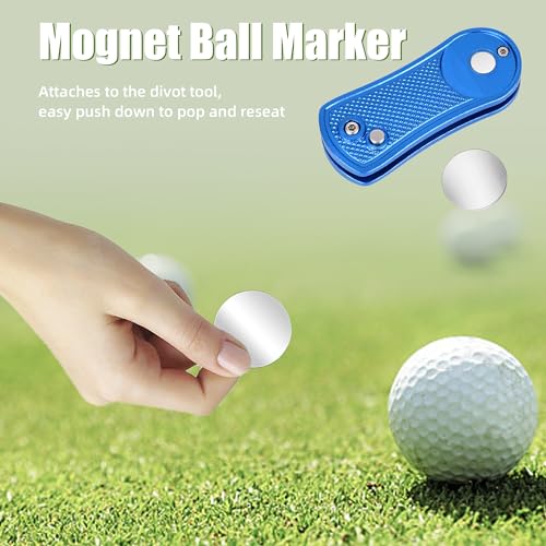 Mile High Life Golf Divot Repair Tool, All Metal Foldable Divot Tool with Pop-up Button & Magnetic Ball Marker - color: Blue Undulate
