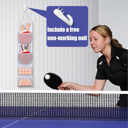VISEMAN Ping Pong Storage Rack, Table Tennis Racket Holder Wall Mount Organizer for 4 Paddles and Balls - color: Long Gray