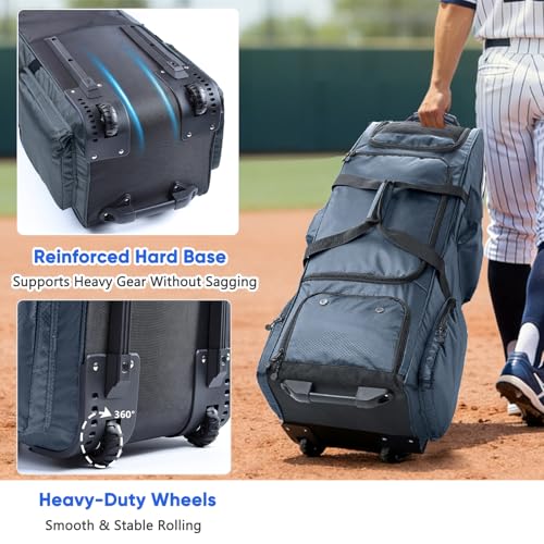 Large Rolling Baseball Catchers Gear Bag with Wheels, Softball Bag with Hard Backing for 4 Bats,Equipment Bag with Separate Shoe & Helmet Compartments, Youth Baseball Bag with 360° Spinner Wheels - color: Grey, size: Style B - Heavy-Duty Rolling Base