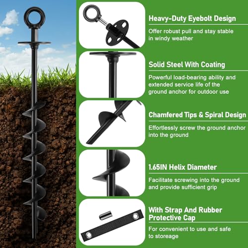 Ground Anchors Screw in - Heavy Duty Trampoline Anchors/Stakes for High Wind, 4 Pack Earth Anchor Kit with Straps and Wrenches for Swing Set, Trampolines, Shed, Mobile Home, Carport, Gazebo