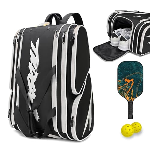 TILDOSAC Pickleball Bag - Large Paddle Bag for 4 Paddles & Accessories - Fence Hook, Extra Pockets, Shoe Compartment - color: Blcak-White, size: 15.5"l*9.84"w*22"h