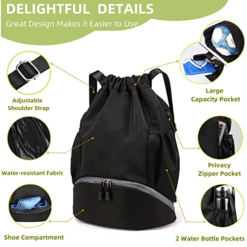 Soccer Bags, Waterproof Drawstring Gym Backpack for Baskestball Rugby Volleyball Yoga, Large Capacity Sports Bag - color: Black