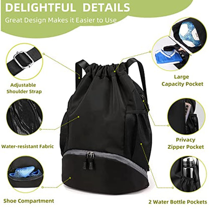 Soccer Bags, Waterproof Drawstring Gym Backpack for Baskestball Rugby Volleyball Yoga, Large Capacity Sports Bag - color: Black