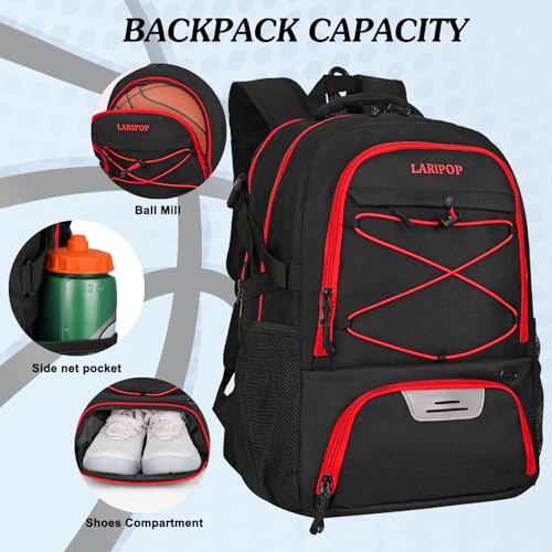 LARIPOP Basketball Backpack Large Basketball Bag with Ball Holder & Shoe Compartment for Youth Adults Men Women - color: Red