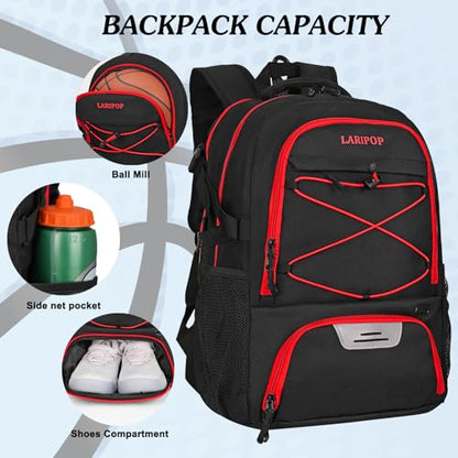 LARIPOP Basketball Backpack Large Basketball Bag with Ball Holder & Shoe Compartment for Youth Adults Men Women - color: Red