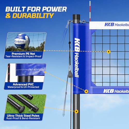 Haokelball Outdoor Portable Heavy Duty Volleyball Net Set for Backyard with Adjustable Height Poles, Anti-Sag System, Volleyball, Pump, Boundary Line, Carry Bag & Gift Box