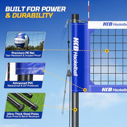 Haokelball Outdoor Portable Heavy Duty Volleyball Net Set for Backyard with Adjustable Height Poles, Anti-Sag System, Volleyball, Pump, Boundary Line, Carry Bag & Gift Box