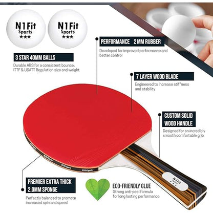 N1fit Ping Pong Paddle Set - 4 Professional Rackets, Retractable Net, 6 Pig Pong Balls, Carry Case - Indoor and Outdoor Table Tennis Play