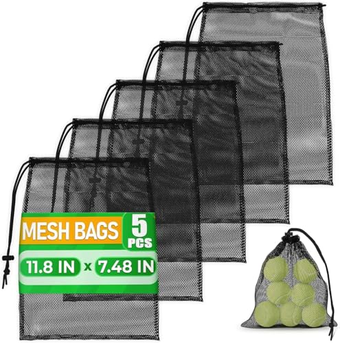 5Pcs Small Mesh Bags Drawstring Black Nylon – 11.8x7.48" Secure Cinch-Top, Mesh Bag for Tennis, Pickleball, Golf, Travel, Beach, Sports Equipment, and Mushroom Foraging – Quick-Dry and Tear-Resistant