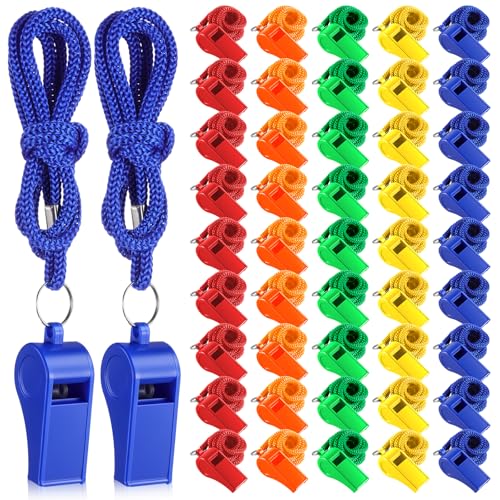 50 Pcs Mardi Gras Throws Plastic Whistles Bulk with Lanyard for Coach, Training Sports Whistles Mardi Gras Accessories Loud Crisp Sound Whistless Prize Gift for Birthday Party Games Survival Emergency