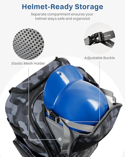 AUROTIER Rolling Baseball Bag with Wheels, Large All-Terrain Wheeled Softball Bag Holds 4 Bats, Water-Resistant Baseball Roller Backpack with Shoe Compartment and Fence Hooks for Players and Coaches - color: Black Camo