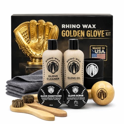Rhino Wax - Baseball Golden Glove Break-in Kit - Oil for Ball Gloves, Mitt Conditioner, Glove Scrub, Daily Cleaner, Mallet, Wrap, Brushes, & 2 Microfiber Cloths - for Breaking in and Maintaining