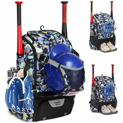 Softball Bag,Softball Bat Bag For Youth Adults,Baseball Bag with Fence Hook for TBall Bat & Equipment,Lightweight Baseball Bat Backpack with Shoe Compartment,Large Main Compartment for Helmet - color: Blue camouflage