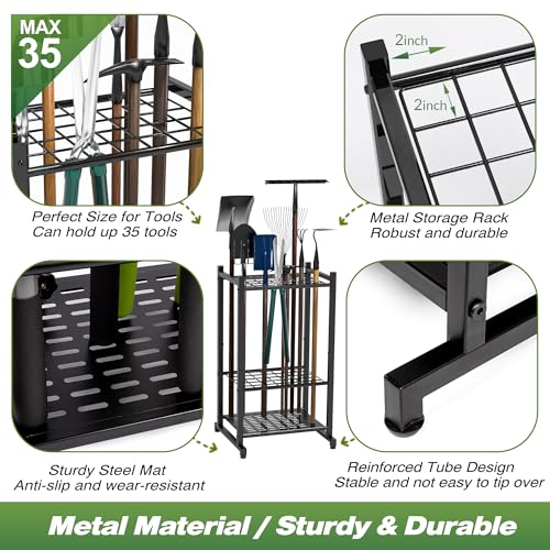 Garden Tool Organizer, Yard Tool Tower Rack for Garage Organization and Storage, Up to 35 Long-Handled Tools/Rakes/Brooms, Heavy Duty Steel Garden Tool Stand for Shed, Outdoor, Black - style: Rack