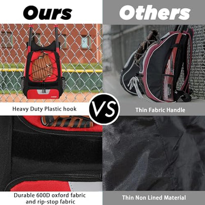 Goloni | Baseball Backpack,Baseball Bag for Adult,Softball Bat Bag with Shoes Compartment,Large Main Compartment for Helmet & accessories, Fence Hook - color: Pure red