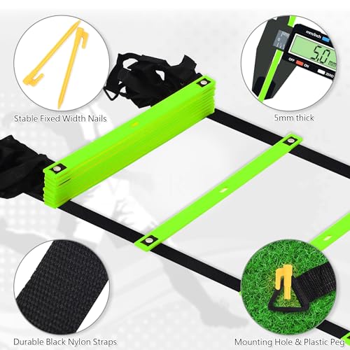 Fixed Rung Agility Ladder - 20ft 12 Rungs No Tangle Speed and Agility Training Equipment for Soccer Footwork Training with Carrying Bag/Ground Stakes for Adults Youth Kids