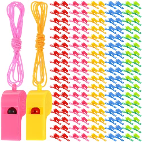 Arrowbash 300 Pcs Plastic Whistles Bulk with Lanyard Loud Crisp Sound Sports Whistle for Birthday Party Goody Bag Fillers Referees Coaches Survival