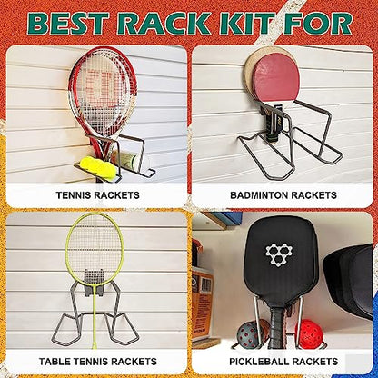 Wall Mounted Metal Tennis Racket Holder - Heavy-Duty Steel Hanging Badminton Racket Storage Rack Ping Pong Paddle Holder Holds 8 Balls 5 Racquets with Hardware and Anti-Scratch Silicone Tube