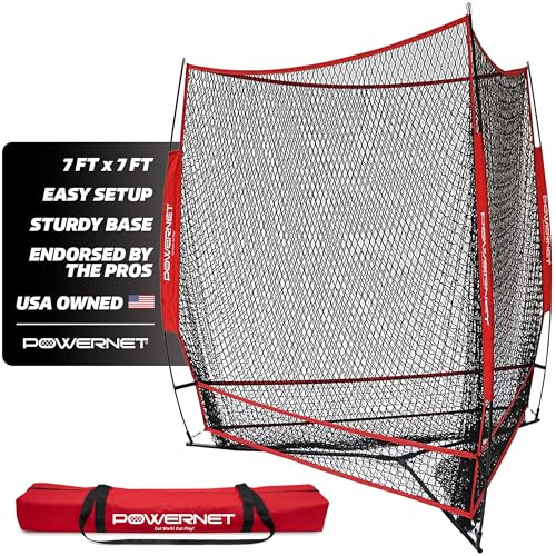 PowerNet Triple Threat Baseball Net, 3 Way 7' x 7' Batting, Hitting & Pitching Net Covers 147 Sq Ft, Softball Baseball Training Equipment, Baseball Practice Net - color: Red