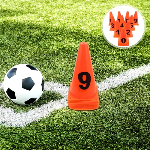 10pcs Soccer Agility Training Cones Set, 23cm Plastic Numbered Spot Markers 0-9 for Football Field Drills and Speed Agility Exercises