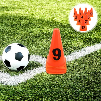 10pcs Soccer Agility Training Cones Set, 23cm Plastic Numbered Spot Markers 0-9 for Football Field Drills and Speed Agility Exercises