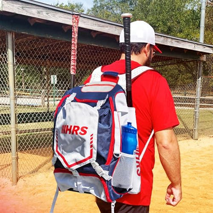 Hit Run Steal Bat Bag Backpack, Holds 4 Bats, Gloves, Helmet, and Cleats, Red, White & Blue