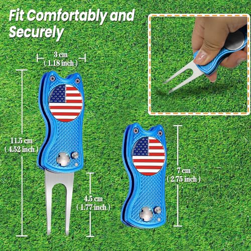 FINGER TEN Golf Divot Repair Tool and Ball Marker Switchblade Value Pack, Foldable Magnetic Stainless Steel with Pop-up Button for Men Women - color: 2 in Blue+2 Ball Marker