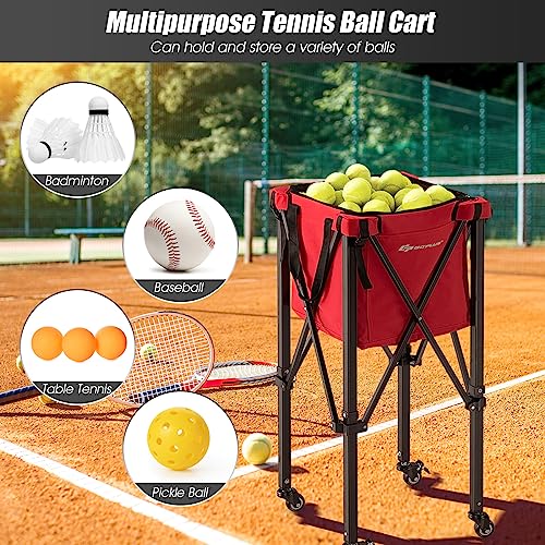 Goplus Foldable Tennis Ball Hopper, Lightweight Aluminum Tennis Ball Basket with Wheels, Removable Bag, Side Pockets, Carry Bag, Portable Sports Teaching Cart Holds 150 Tennis Balls