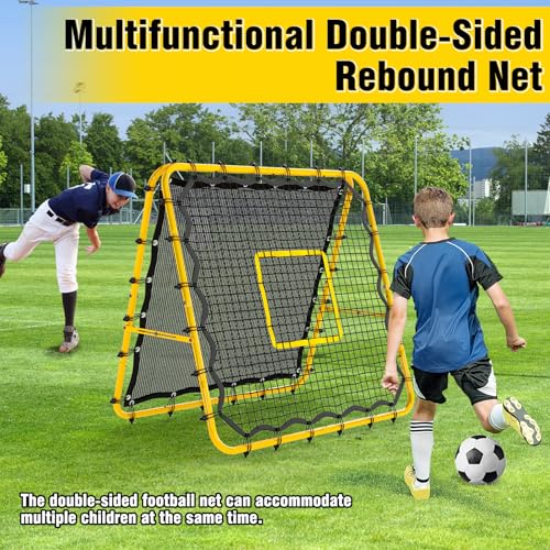 Double-Sided Soccer Rebound Net, 4×4FT Baseball Volleyball Softball Pitchback Net, Multi-Angle Adjustable Rebound Net, as a Gift for Children, Teen, Adults,Yellow