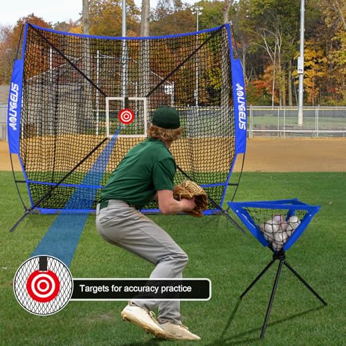 6'X6' Baseball Softball Practice Net,Pitching Net,Batting Net,with Bonus Strike Zone,Target and Bow Frame,for Hitting,Pitching,Catching - size: 6 x 6 FT, style: Full Mouth Version-Blue