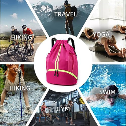 Valleycomfy Sports Drawstring Backpack - Water Resistant String Bag with Side Mesh Pockets Shoe Compartment Gym Backpack for Women & Men Rose - color: A-rose
