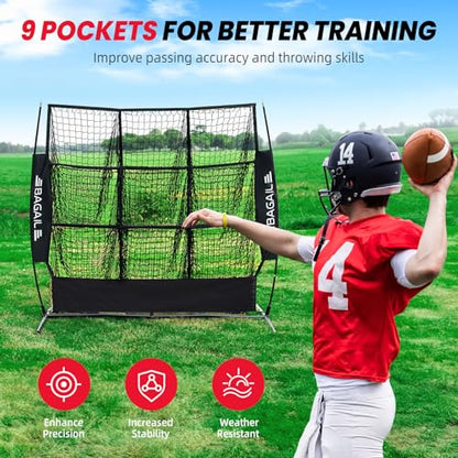BAGAIL Football Throwing Net - 5 or 9 Target Pockets, Easy Setup, Heavy-Duty - Portable QB Accuracy Trainer, Fun Target Practice Net for Football with Carry Bag - color: Black, style: 5'x5' - 9 Pockets