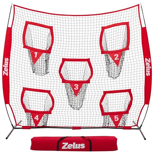 ZELUS Football Throwing Net, Quarterback Training Equipment with 5 Target Pockets, Football Practice Throwing Passing Accuracy Trainer with Carry Bag Ground Stakes for Kids Adults