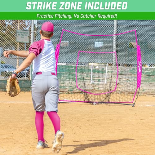 GoSports 7 x 7 ft Baseball & Softball Nets - Available in Team Colors - Batting & Pitching Net with Strike Zone - color: Pink