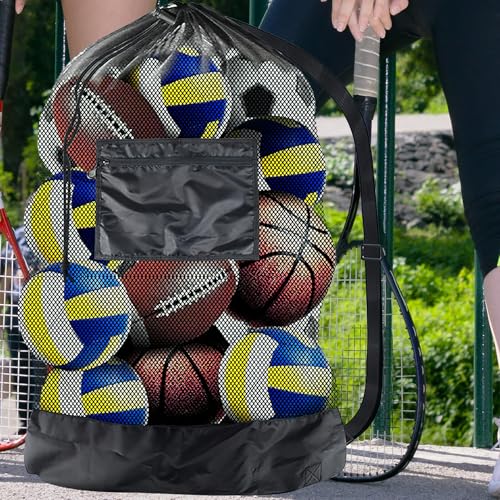 UKCOCO Heavy Duty Mesh Basketball Volleyball Soccer Ball Bag with Drawstring and Shoulder Strap, Outdoor Sports Equipment Storage Carrier for Team Training and Game Use